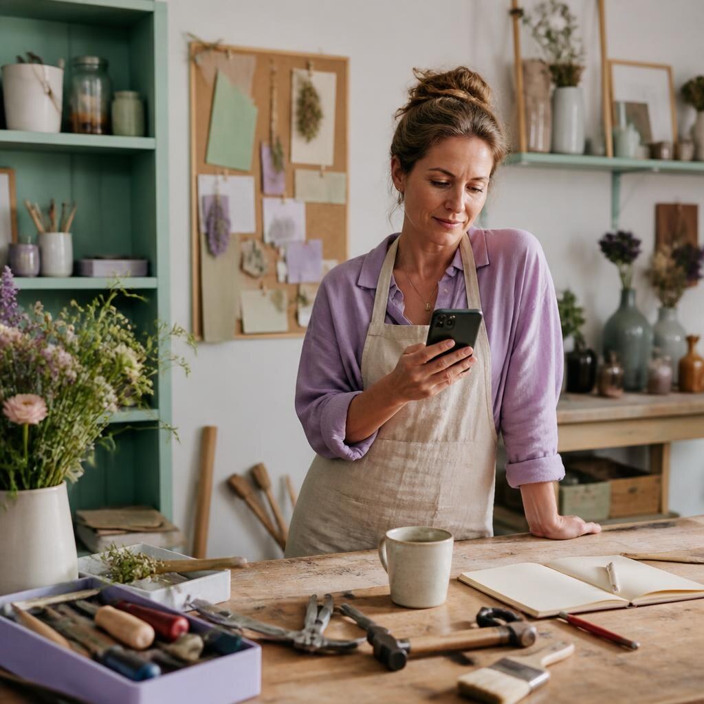 Small business owner checking her phone while working at a studio workbench