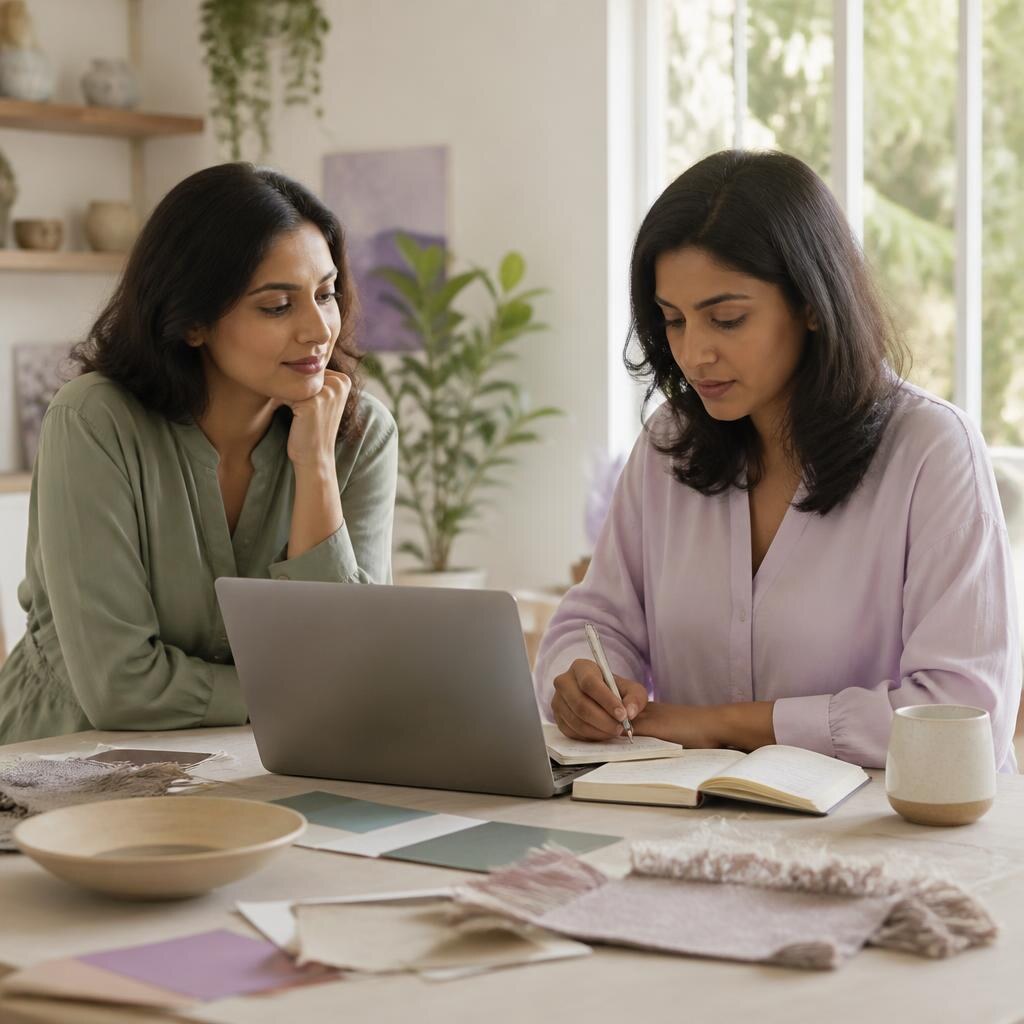 Two small-business consultants reviewing notes and a laptop at a table